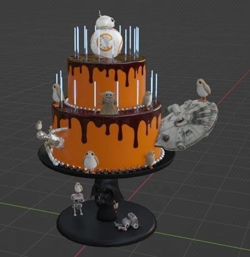 Star Wars Theme Cake – VR Asset. Includes glowing light sabers, BD-1, BB8, C-3P0, Darth and many curious Porgs.
