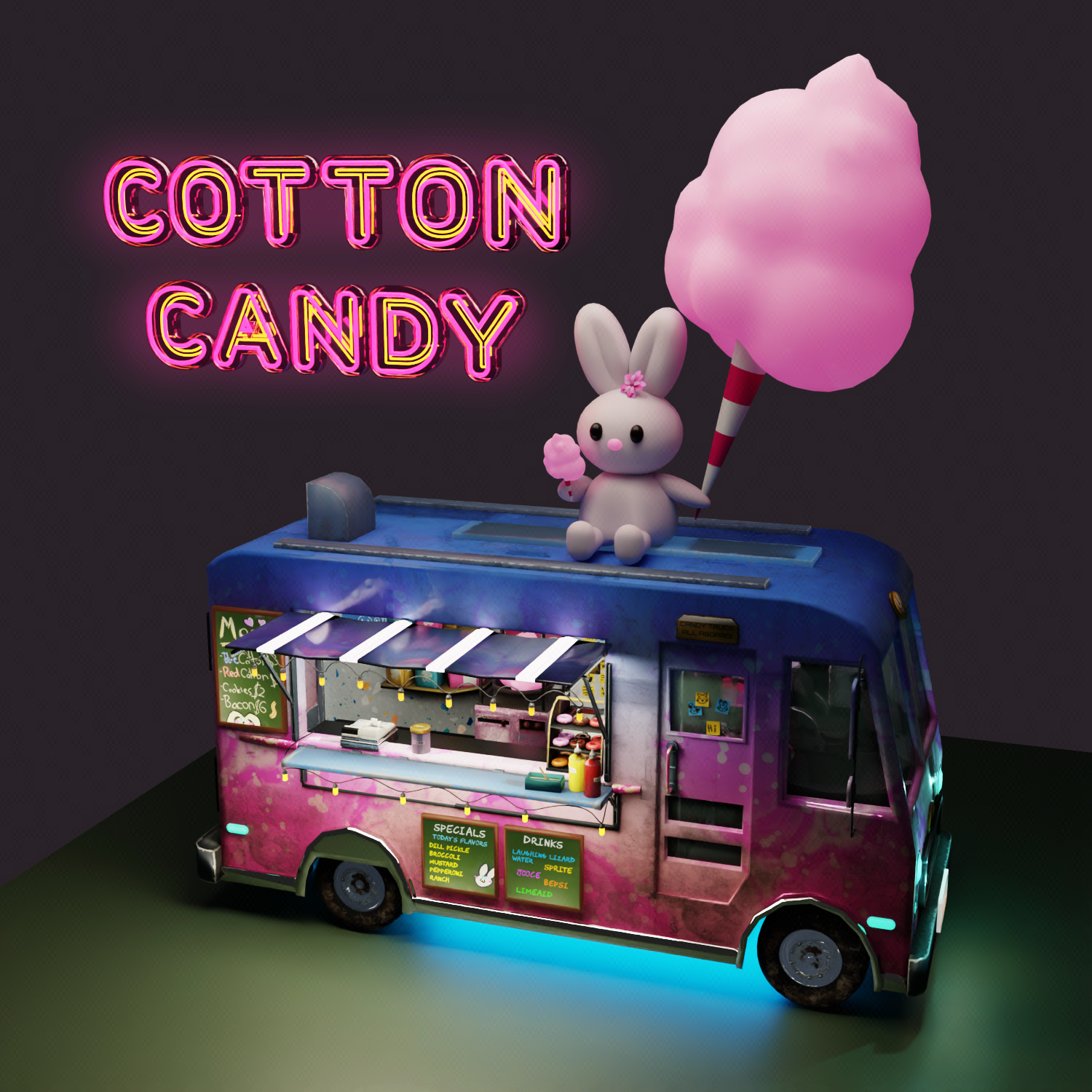 VR World Prop. Modified original food truck asset from Sketchfab. Heavily edited and optimized (i.e. re-created) all geometry for VR/real-time game engine. Customized textures, added lighting, interactions (doors opening), added a driver’s seat, original neon signage and character.