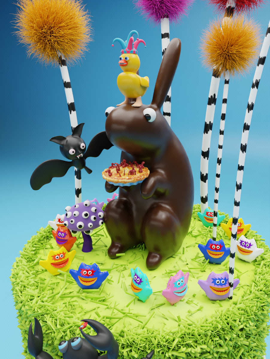 Celebration of 1 Hour • 1 Object Year #2, Composite Cake! To celebrate the conclusion of 52 weeks of consistent dedication to learning 3D, we create an assemblage of all/most of our completed objects into a 3D 'cake.' (RIP, GPU). :-/