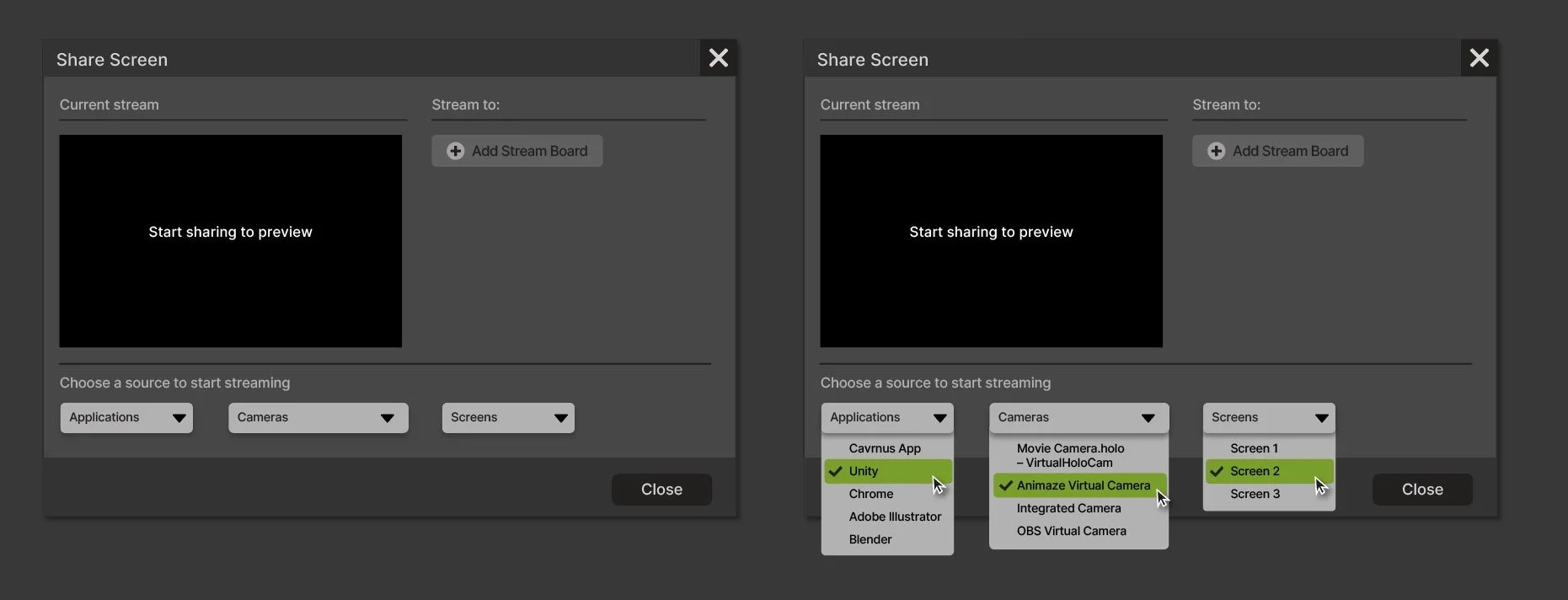 Feature: Screen Sharing. Screen- and content-selection via webcam permissions are primary platform features. This user experience is more intuitive and reflective of current best practices.