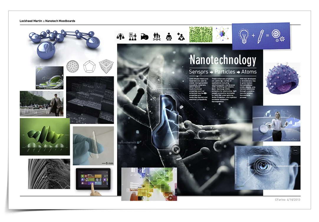 Lockheed Martin Nanotechnology iPad App. Mood board for exploring/establishing creative direction. Client and agency both loved the entire look and feel of these three boards. Creative was a go!