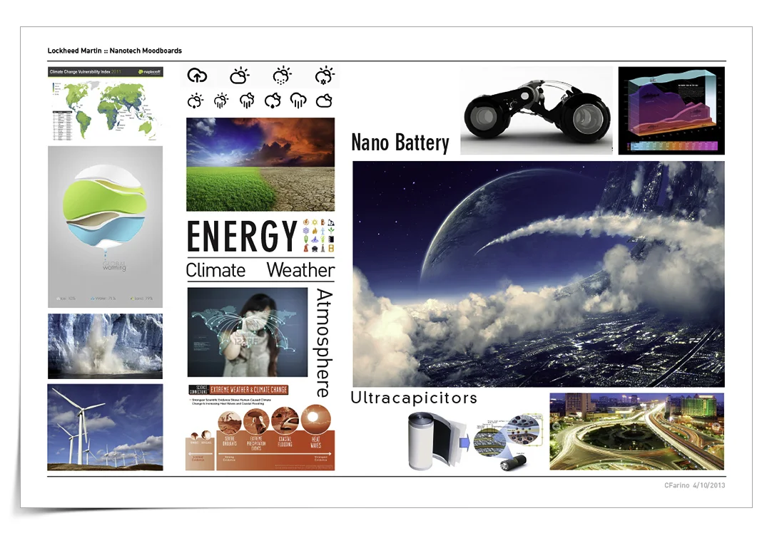 Lockheed Martin Nanotechnology iPad App. Mood board for Nanotechnology used in energy generation possibilities including ultracapacitors.
