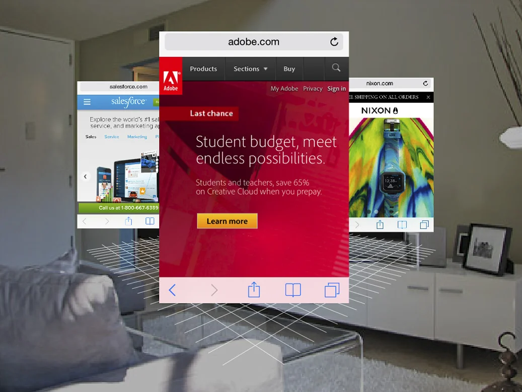 Augmented Reality Web Panels. Early AR web panel, exploring the familiar and streamlined iOS mobile form factor. Challenges: optics fidelity, interaction fidelity (hands recognition), latency, user proprioception, and so many more...