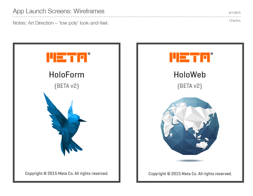 Wireframes for App Launch Screens. I spec'd the low-poly art aesthetic. Gave the 3D artists the option to offer additional ideas on approach but they both liked this direction and applied it really well in their animations: