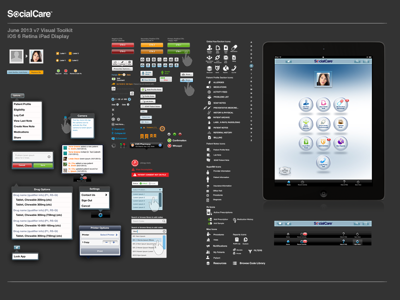 Creative: Visual Toolkit. Many months in the making, this visual toolkit contains all assets and stylized graphics used in the SocialCare iOS tablet platform.