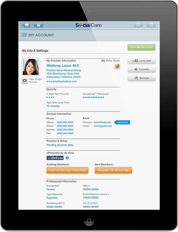 Physician's 'My Account' Dashboard. UX, UI design system. Interaction design follows Apple HIG standards.