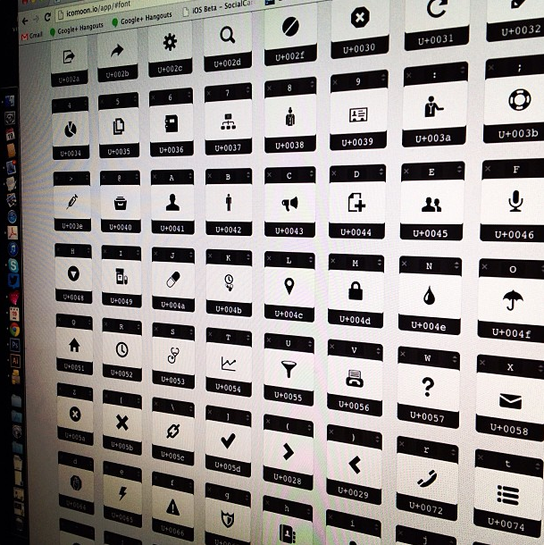 Custom Web Font. I created a font comprised of 80+ icons. This technique is used to ensure that icons (and custom fonts) stay crisp and pin-sharp when viewed in browsers across platforms, especially on retina displays.