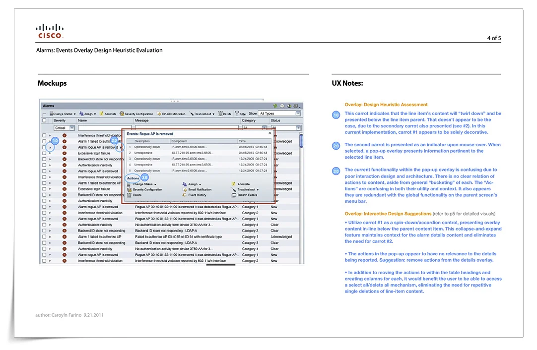 CISCO Heuristic Evaluation. I was asked to perform an evaluation of a competitive sys admin network monitoring tool and then to provide a wireframe (following screen) demonstration a redesign of the usability and architecture.