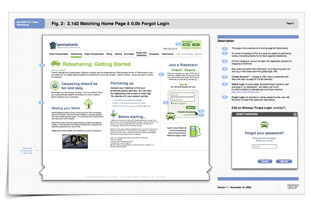 Wireframe for Penn DOT's Alternative Transportation Site