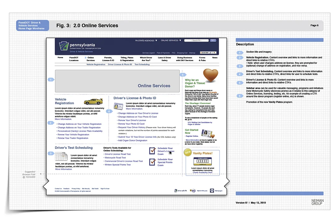Wireframe for Pennsylvania Department of Transportation DMV Site