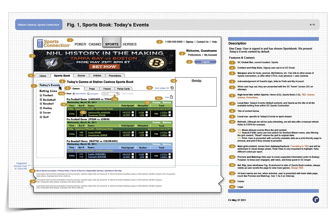 Wireframe: Landing page of the new sports book.
