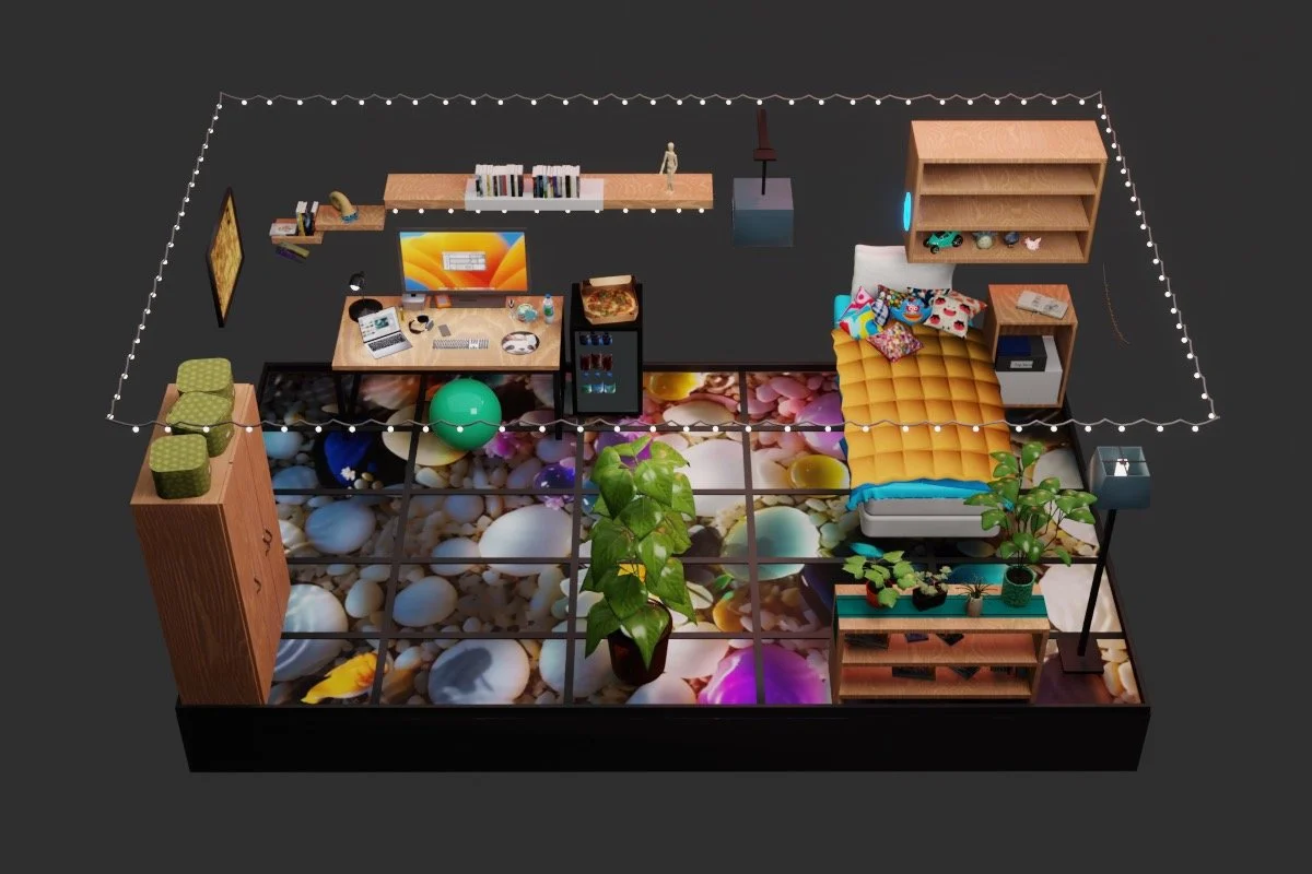 1 Day, 1 World, VR World Hackathon, Theme: Dorm Rooms. Created in Blender, assembled in Unity, published to VRChat.